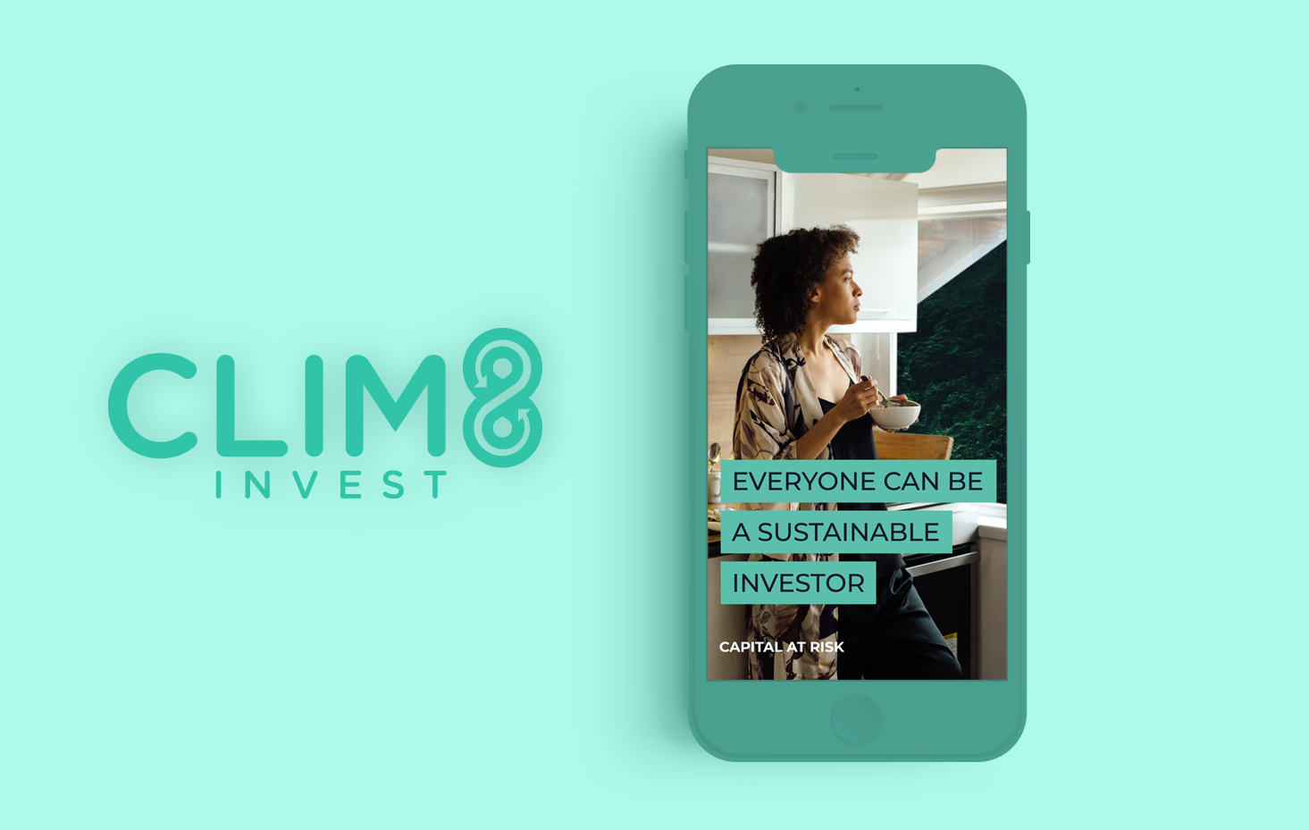 Clim8 Invest app campaign on a phone